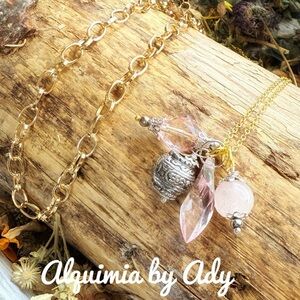 Pink quartz gold layered boho necklace/ heart chakra